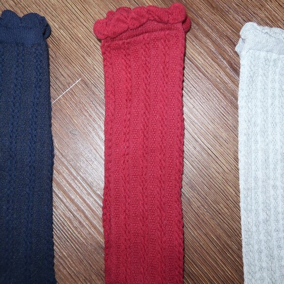 Girls Knit Boot Socks Tall Ruffled Edge Navy Blue Maroon Heather Gray Age 3-12 - Picture 2 of 2